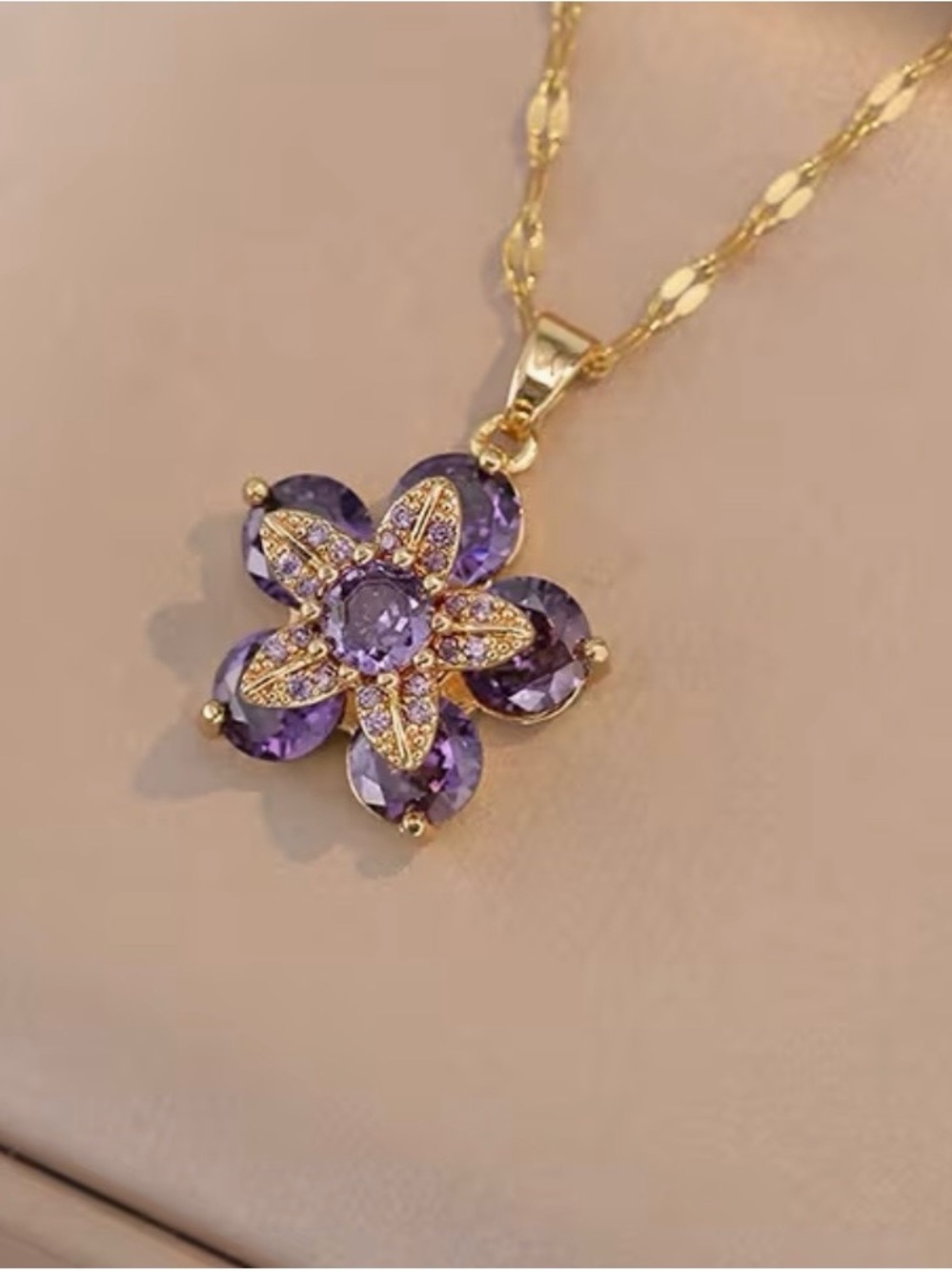 Gorgeous Gold and Purple Gemstone Flower Pendant Necklace - Picture 4 of 8